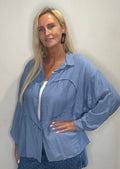 Our Cute Valentine Linen Shirt/Shacket with a Heart detail on the front.