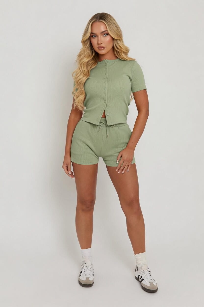 SYDNEY - Short Sleeve Ribbed Button Shorts Set