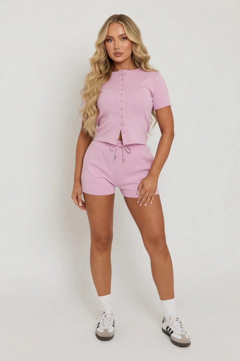 SYDNEY - Short Sleeve Ribbed Button Shorts Set