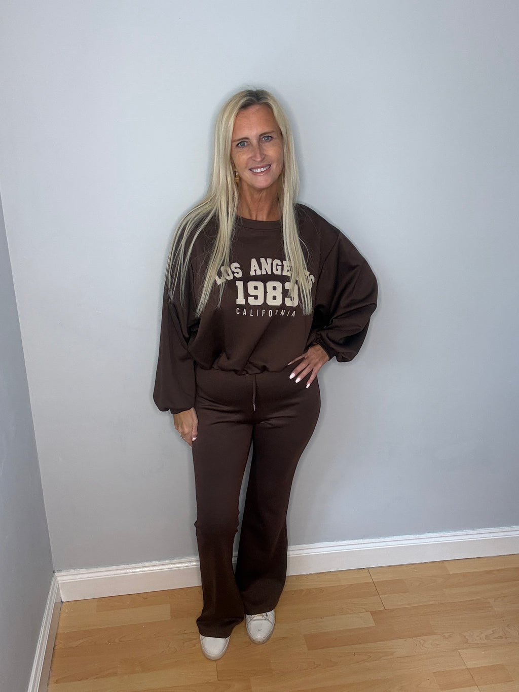 Our Los Angeles Tracksuit with gathered waist on top and straight leg trousers