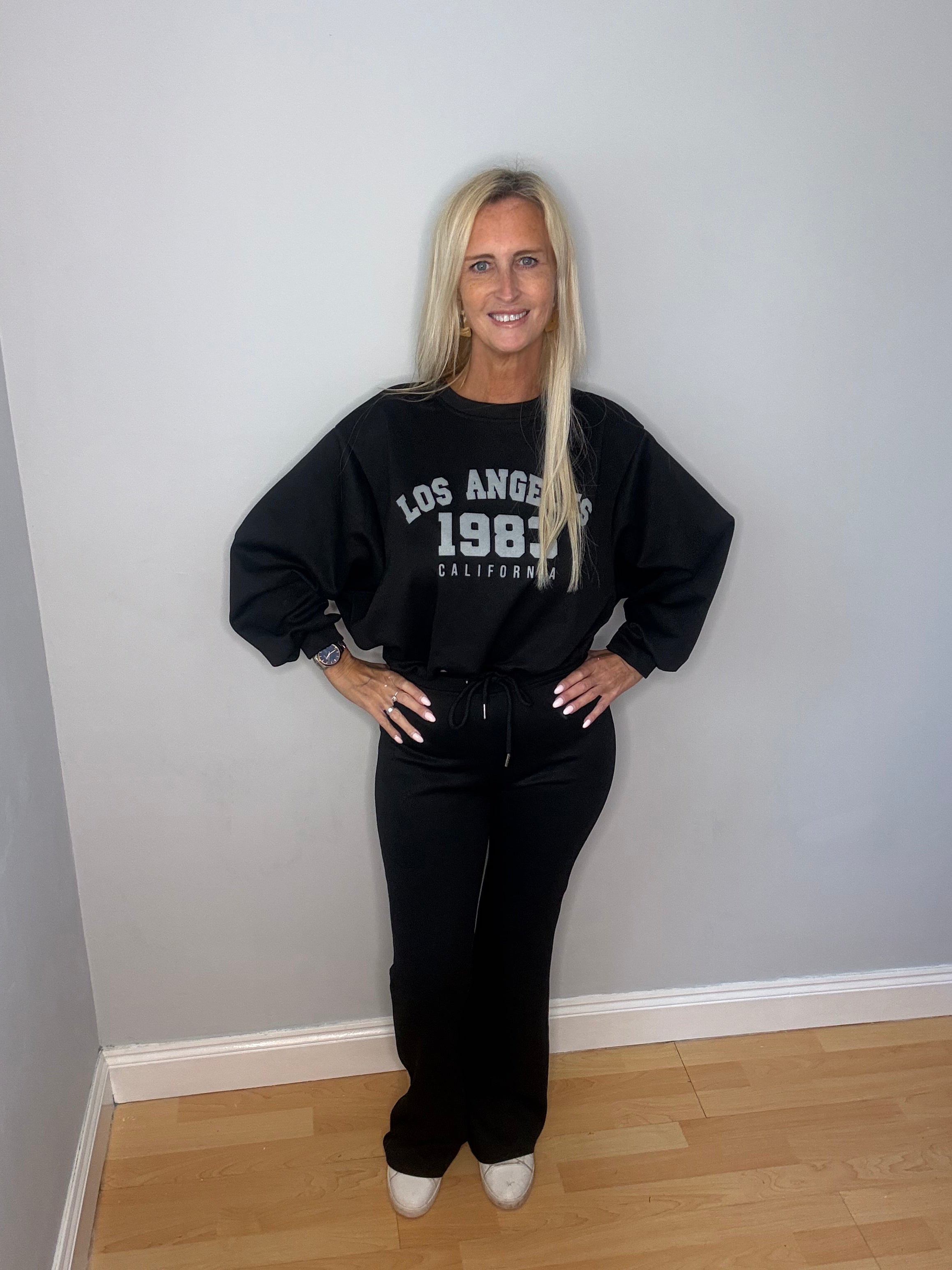Our Los Angeles Tracksuit with gathered waist on top and straight leg trousers